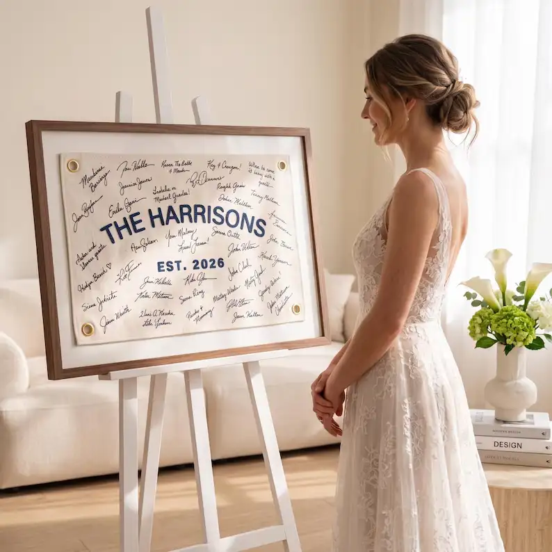 Personalized Wedding Guest Book,Custom Family Name Sign,Embroidered Last Name Pennant Flag,Bridal Decor, Keepsake Wall Art