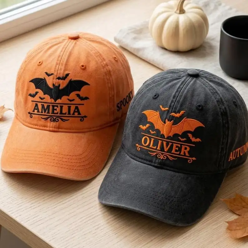 Custom Halloween Bat Hat, Personalized Name Embroidery, Spooky Autumn Cap, Gothic Fall Gifts, Pumpkin Season Accessory, October Keepsake