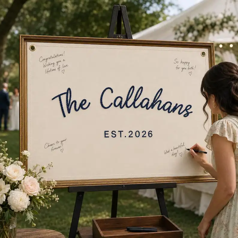 Personalized Wedding Flag with Lace Trim, Custom Last Name Banner, Established Family Name Sign, Embroidered Guest Book, Newlywed Wall Decor