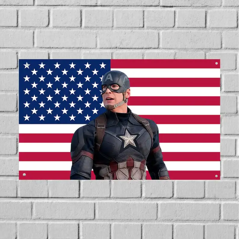 Captain America Wall Tapestry Flag, Superhero Wall Art, Comic Inspired Bedroom Decor, Hero Fan Banner